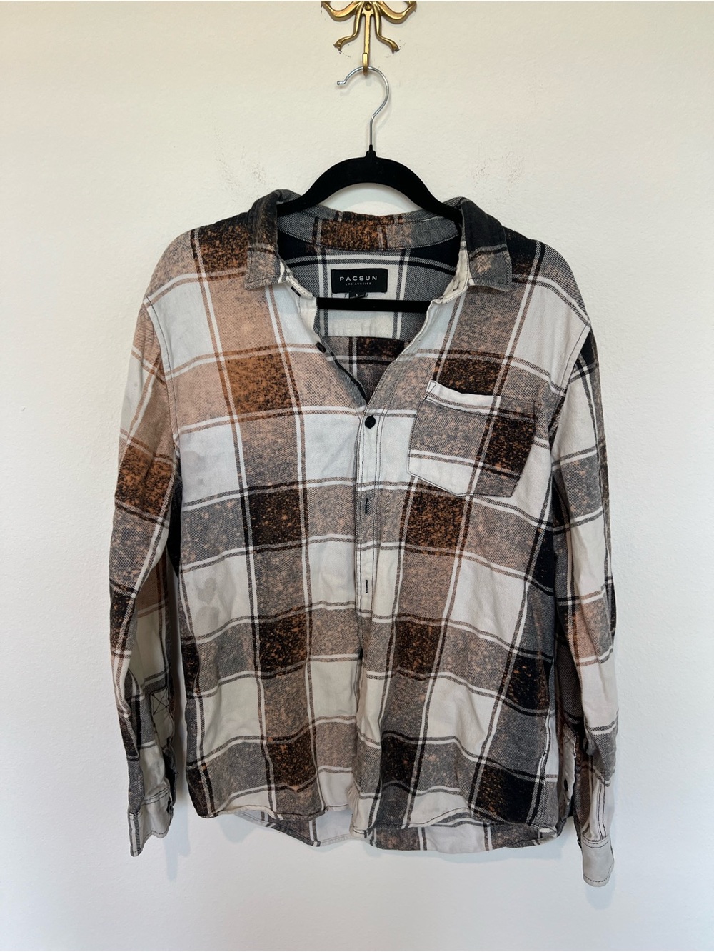 PacSun Brown Cream  STOP WALKING graphic Plaid Flannel Shirt